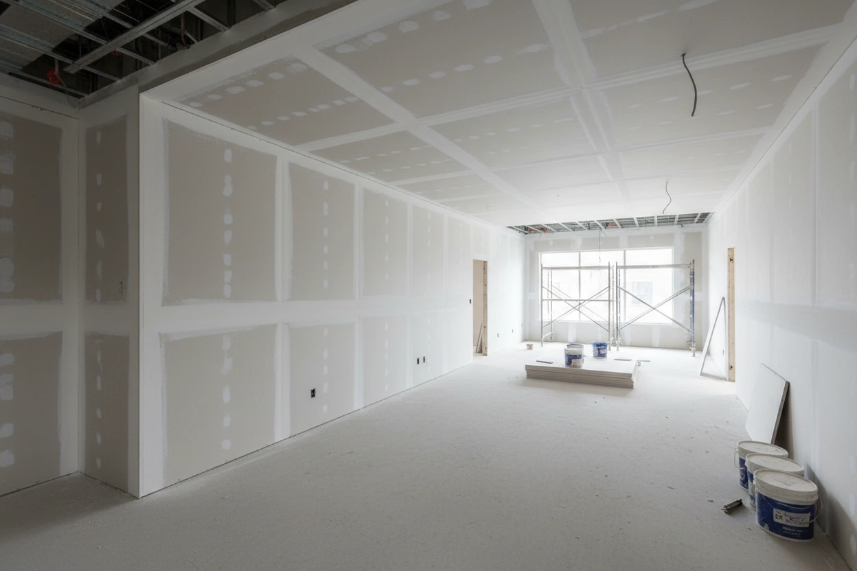 Commercial drywall installation in Newmarket showing fully boarded drywall walls and ceilings inside a commercial interior by Express Drywall Services