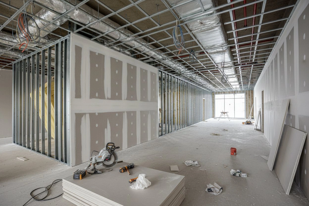 Commercial drywall installation in Milton with steel stud framing and partially installed drywall walls by Express Drywall Services