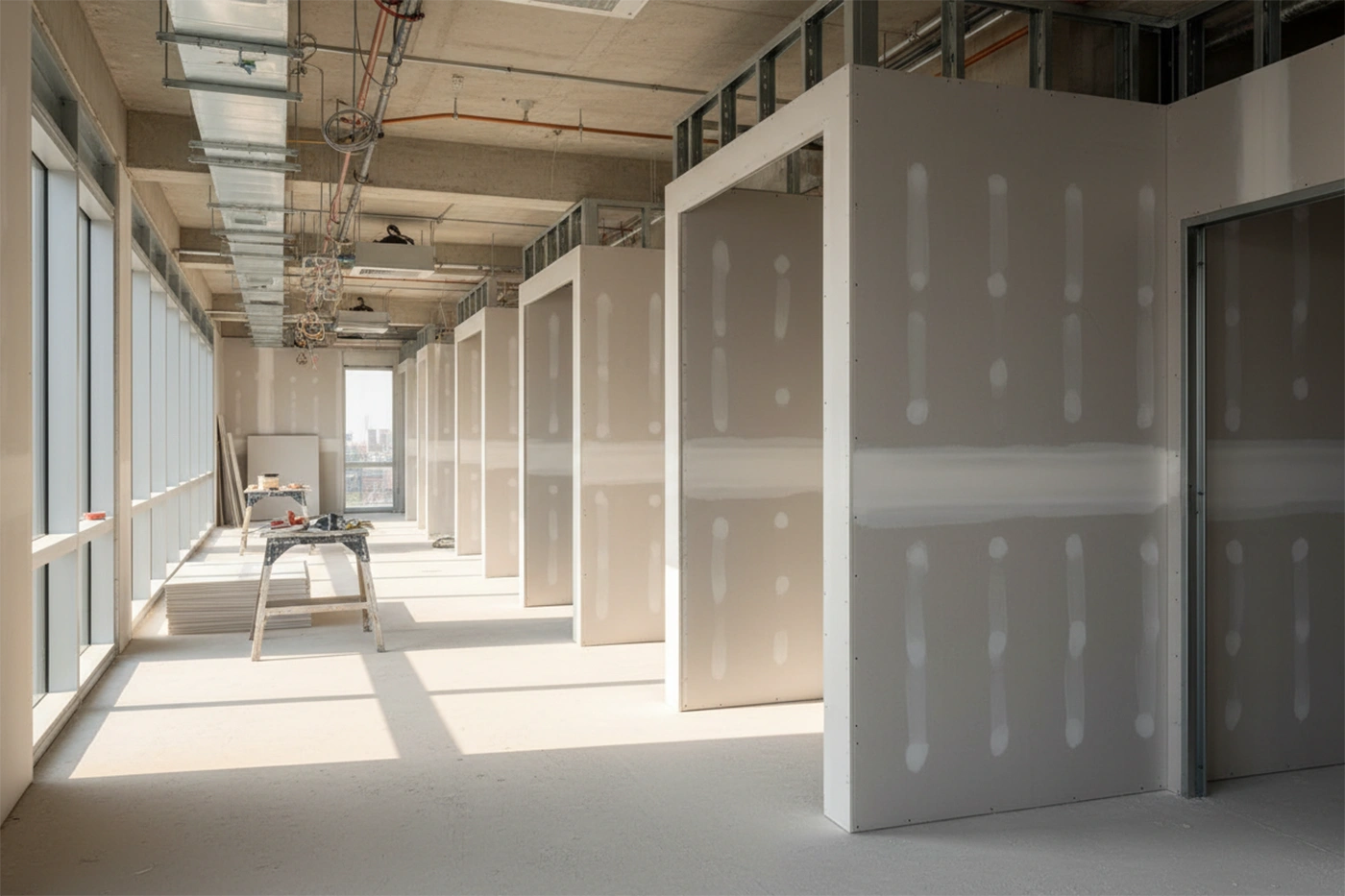 Commercial drywall installation in Whitchurch-Stouffville by Express Drywall Services with drywall partitions aligned along windowed commercial corridors.