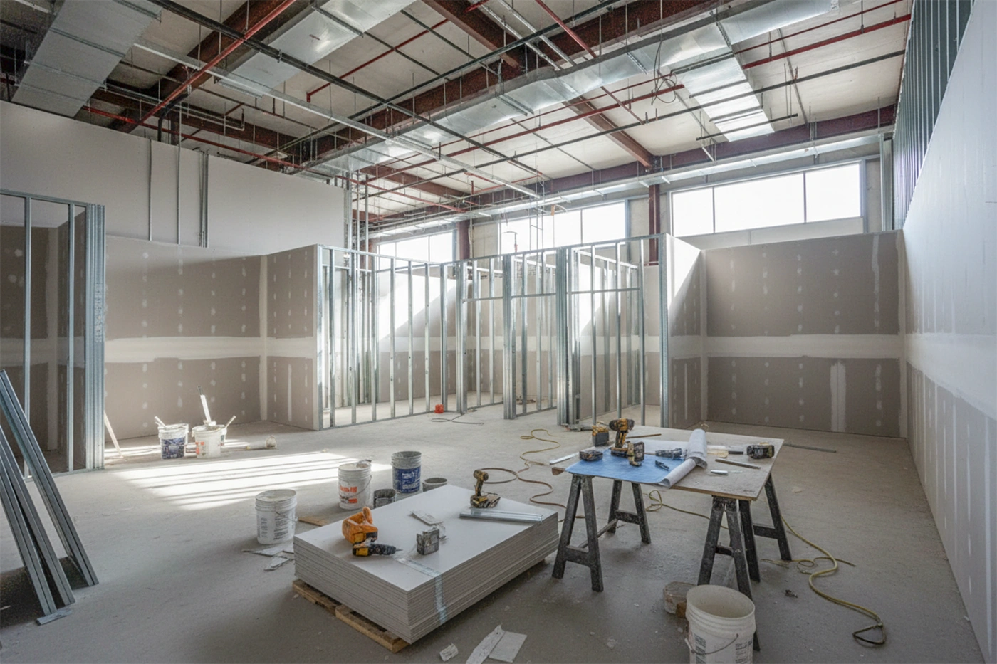 Commercial drywall installation in Whitchurch-Stouffville by Express Drywall Services inside an active commercial construction site with tools and drywall boards.