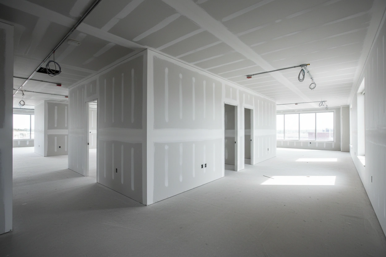 Commercial drywall installation in Milton showing fully boarded drywall partitions and ceilings inside a commercial interior by Express Drywall Services