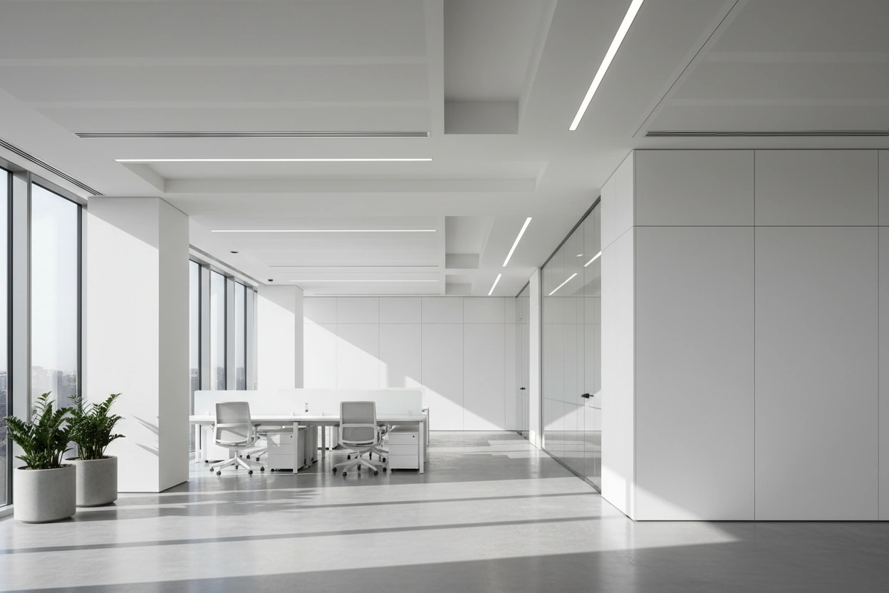 Commercial drywall installation in Milton showcasing a finished modern office interior with smooth drywall walls and ceilings by Express Drywall Services