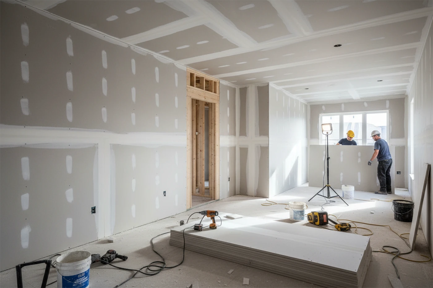 Plaster vs drywall comparison showing modern drywall installation inside a residential interior