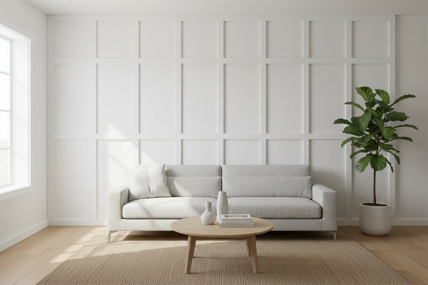 Board and batten wall living room with soft natural light and clean panel lines