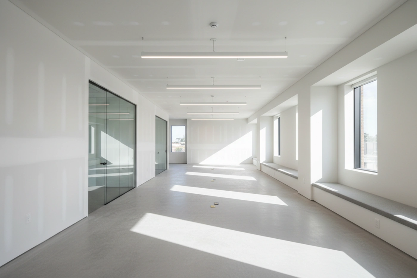 Commercial drywall installation in Bradford West Gwillimbury by Express Drywall Services showcasing a bright finished office space with smooth drywall surfaces.