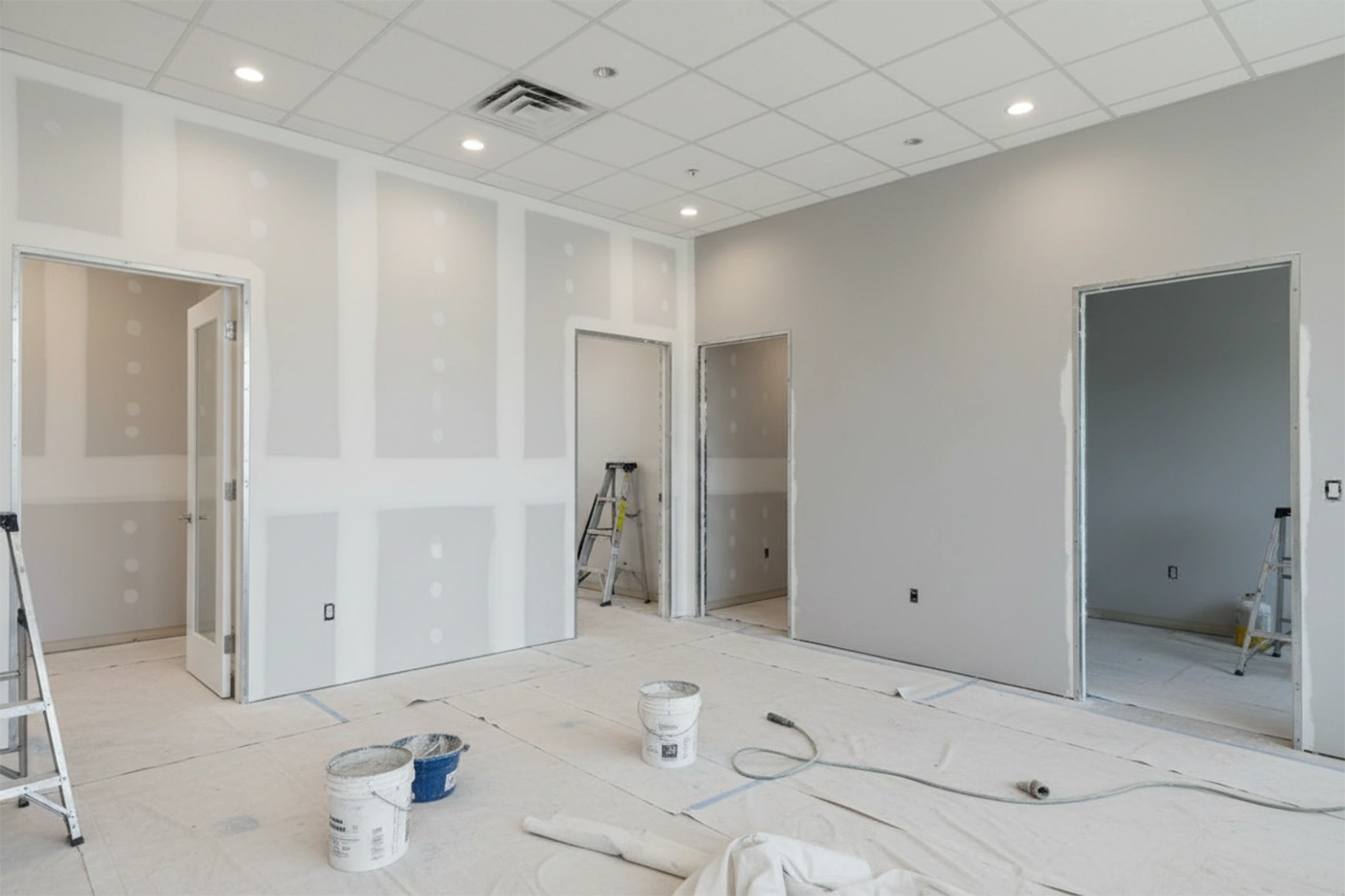 Commercial drywall installation in Bradford West Gwillimbury by Express Drywall Services showing interior drywall finishing with drop ceiling grid in a commercial unit.