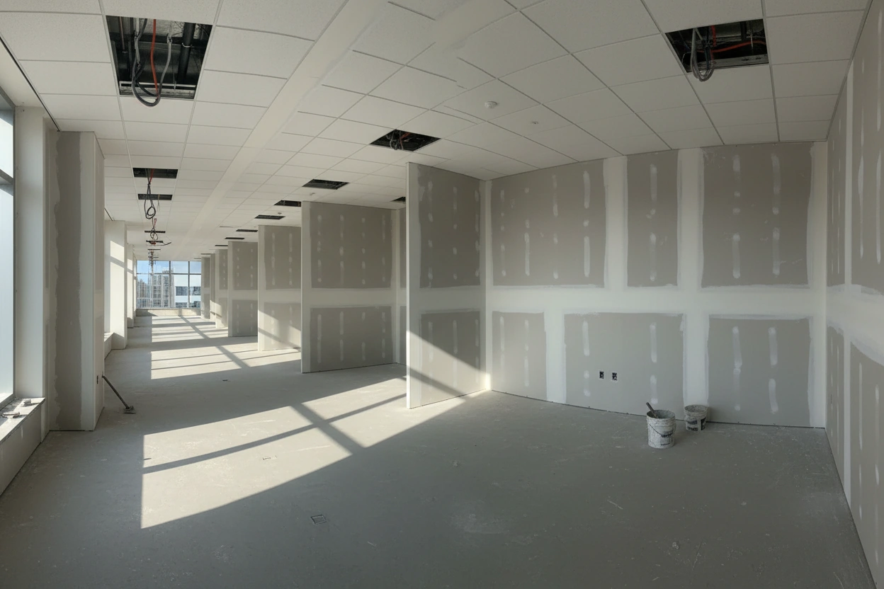 Commercial drywall installation in Oakville during framing and board installation by Express Drywall Services