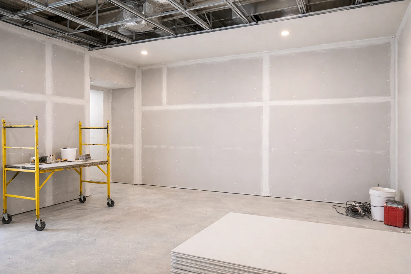 Drywall Contractors Near Me installing drywall panels in unfinished space by Express Drywall Services