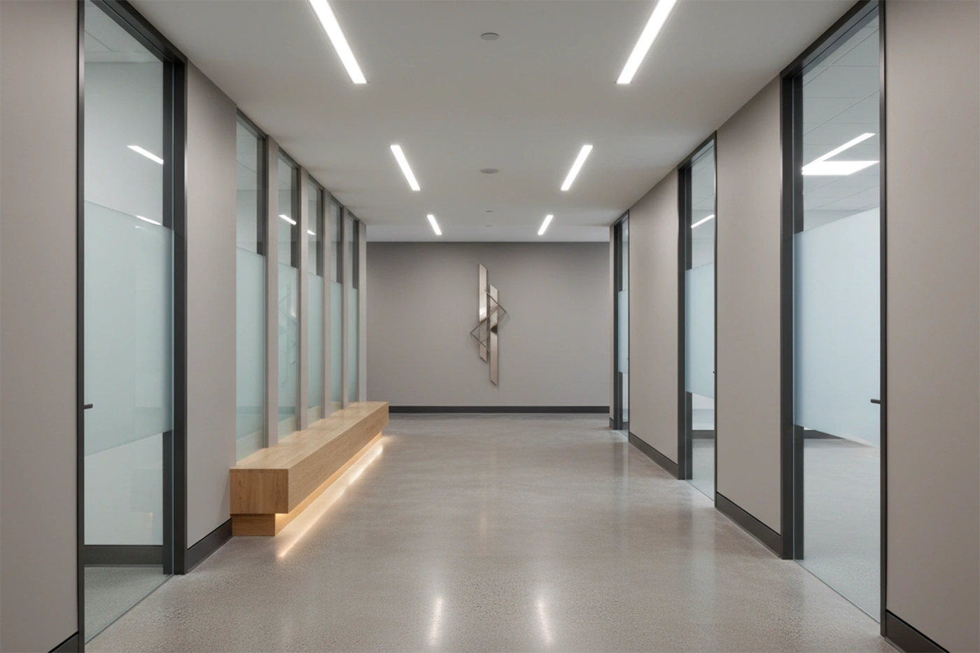 Commercial drywall installation in Tiny Township inside modern office corridor built by Express Drywall Services