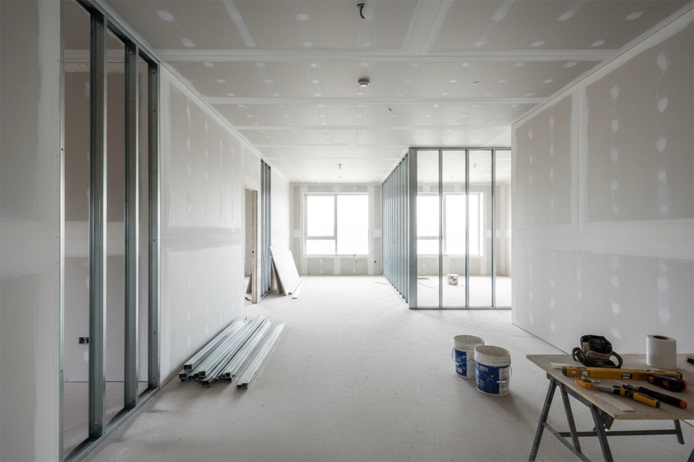 Commercial drywall installation in Tiny Township with framed partitions and boarded walls by Express Drywall Services