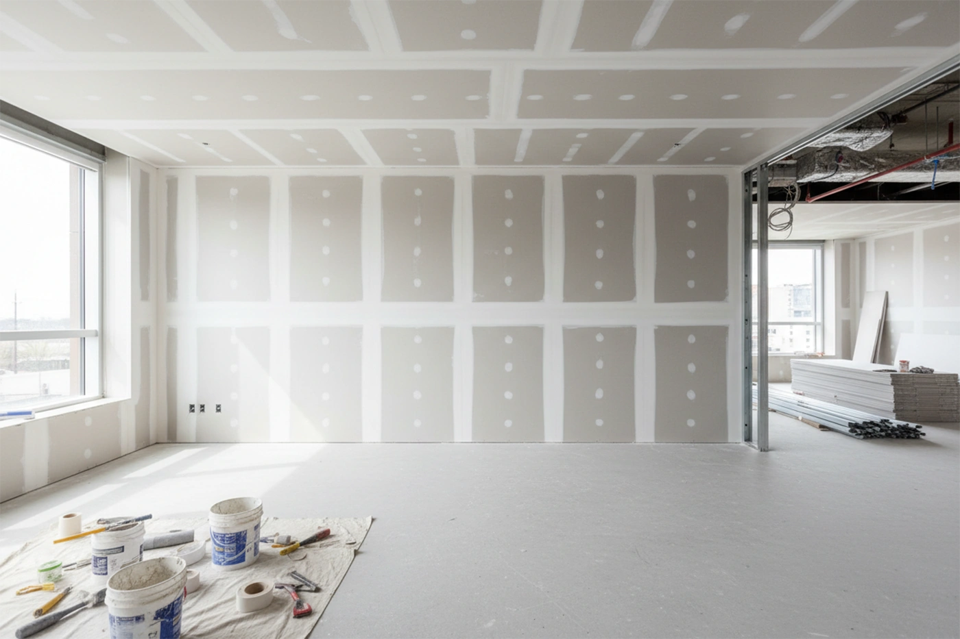 Commercial drywall installation in Tiny Township showing taped wall assemblies completed by Express Drywall Services