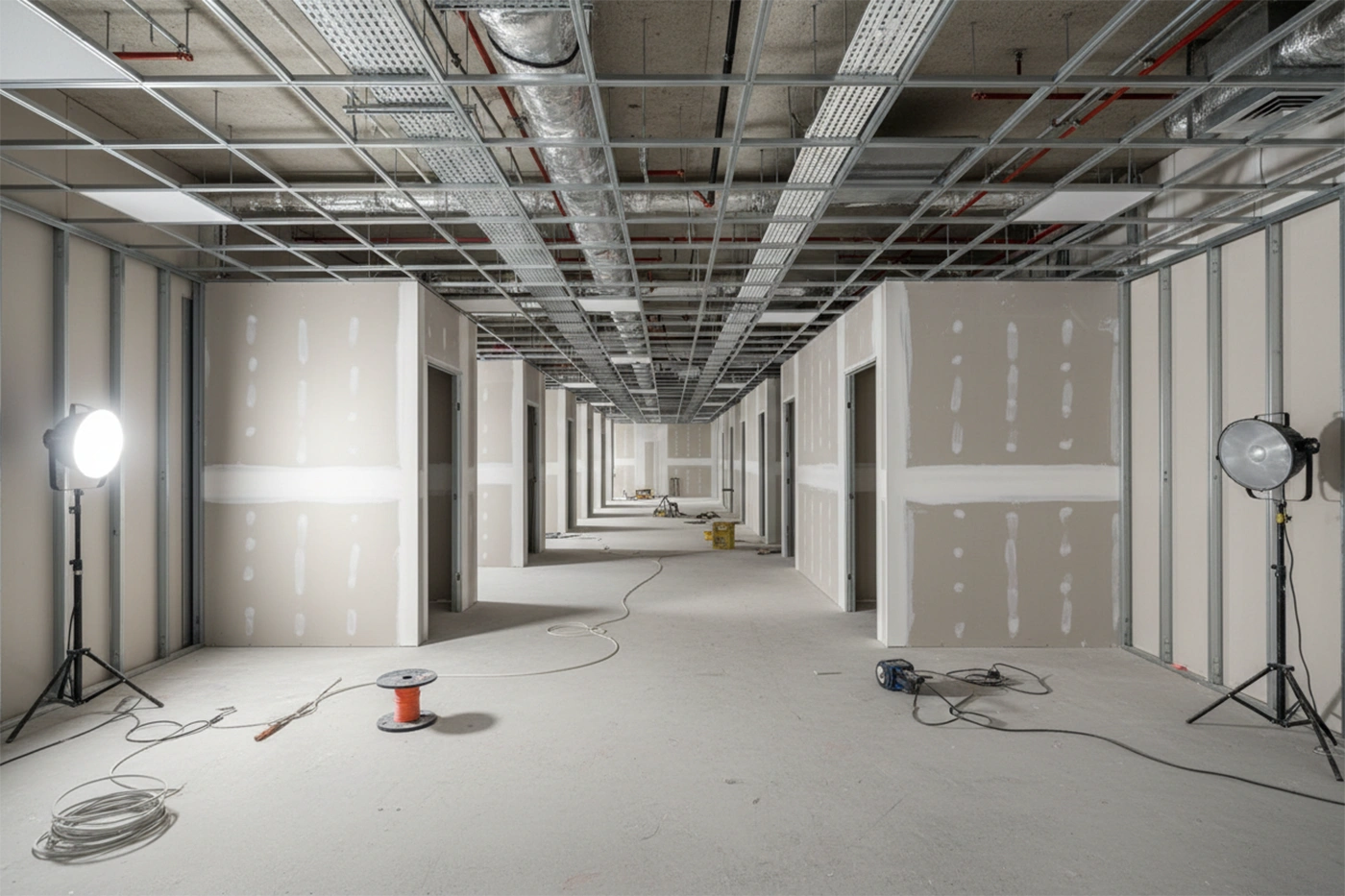 Commercial drywall installation in Orillia corridor with ceiling grid and wall systems by Express Drywall Services