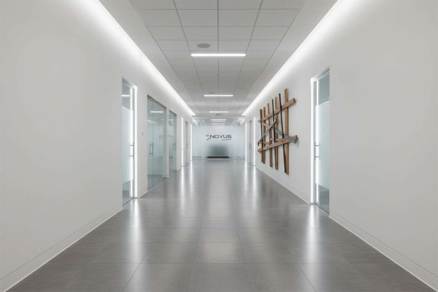 Commercial drywall installation in Midland completed commercial corridor by Express Drywall Services