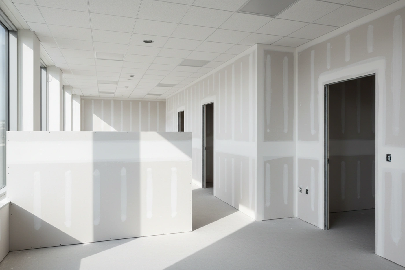 Commercial drywall installation in Midland showing partition walls and ceiling grid by Express Drywall Services