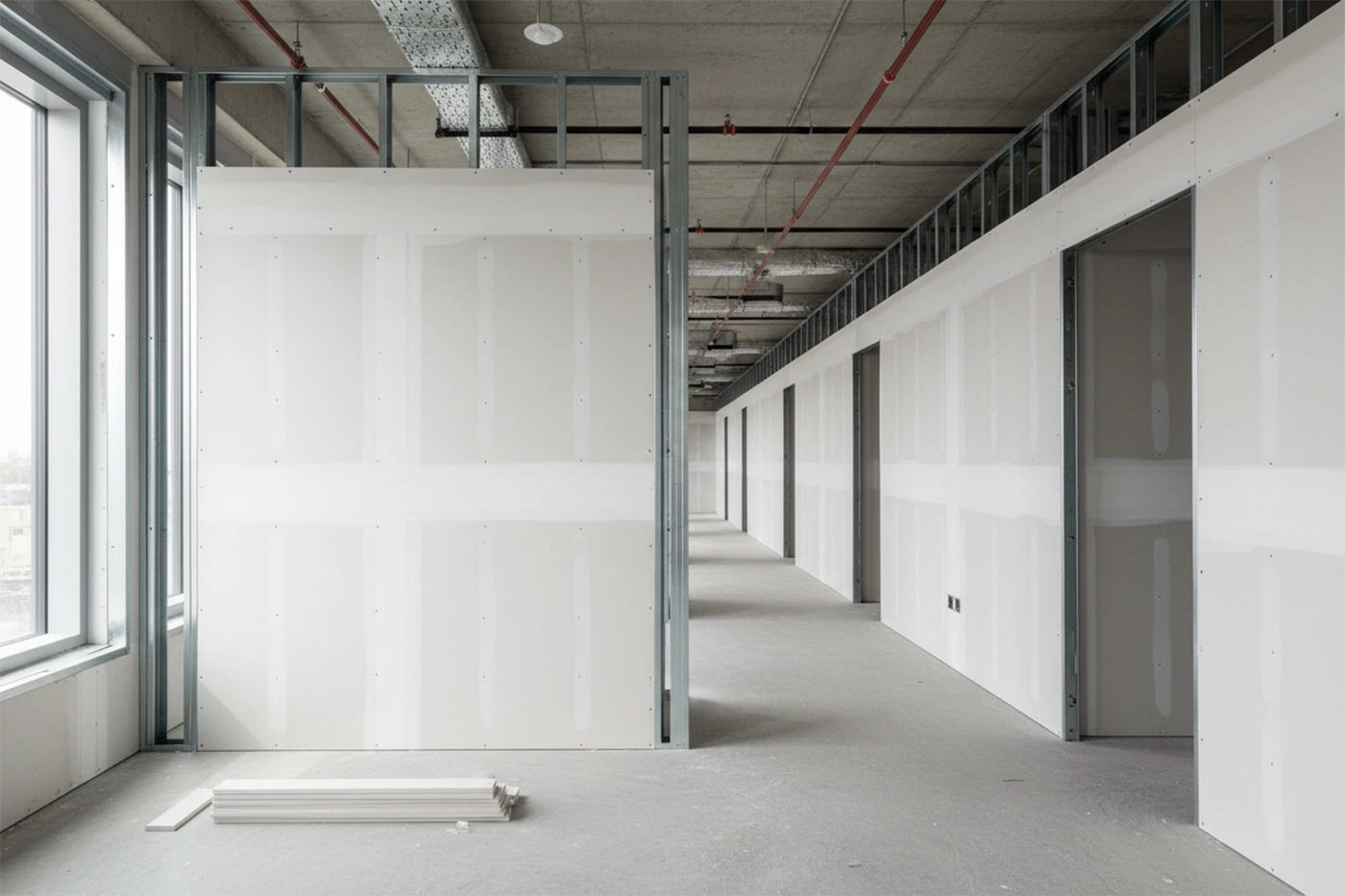 Commercial drywall installation in Muskoka corridor framing and drywall boards by Express Drywall Services