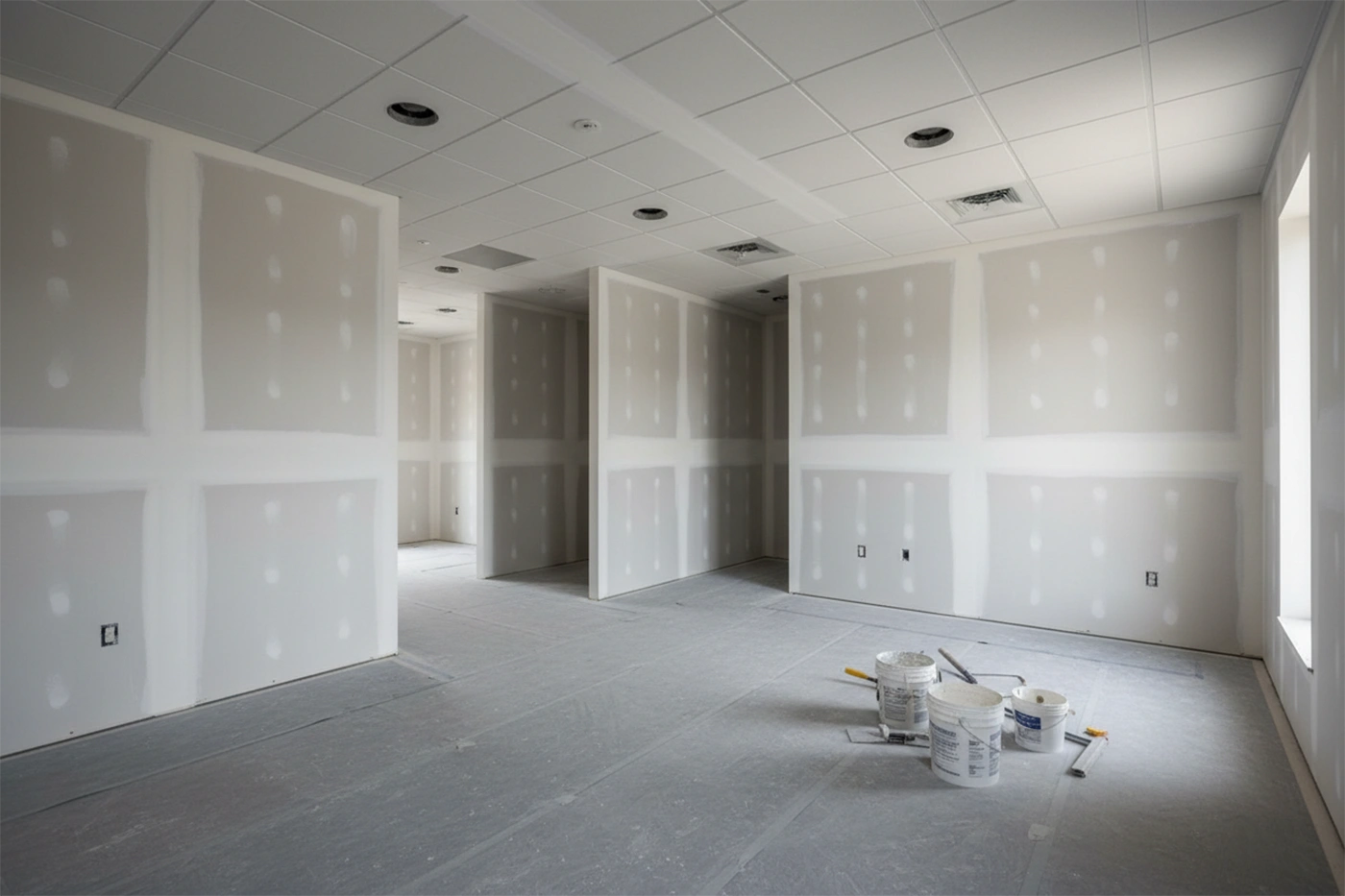 Commercial drywall installation in Muskoka with finished partition walls and suspended ceiling by Express Drywall Services