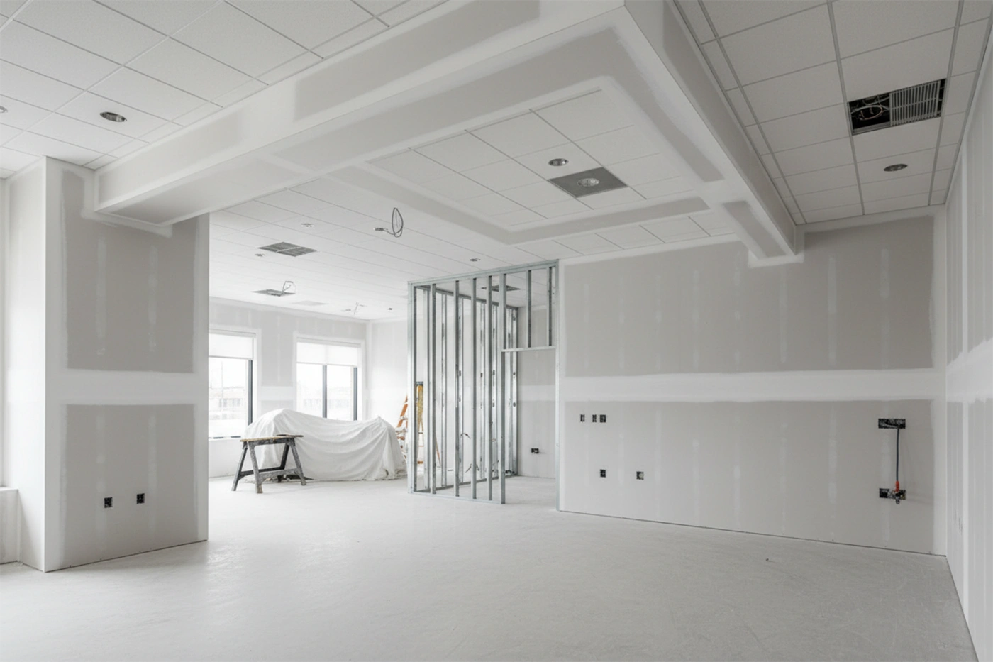 Commercial drywall installation in Georgina open commercial space with bulkheads by Express Drywall Services