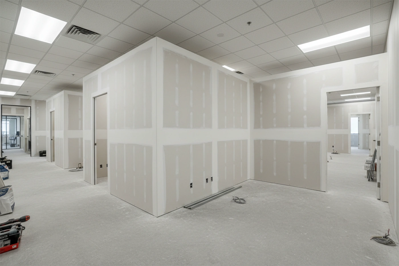 Commercial drywall installation in Georgina showing completed partition walls and suspended ceiling grid by Express Drywall Services