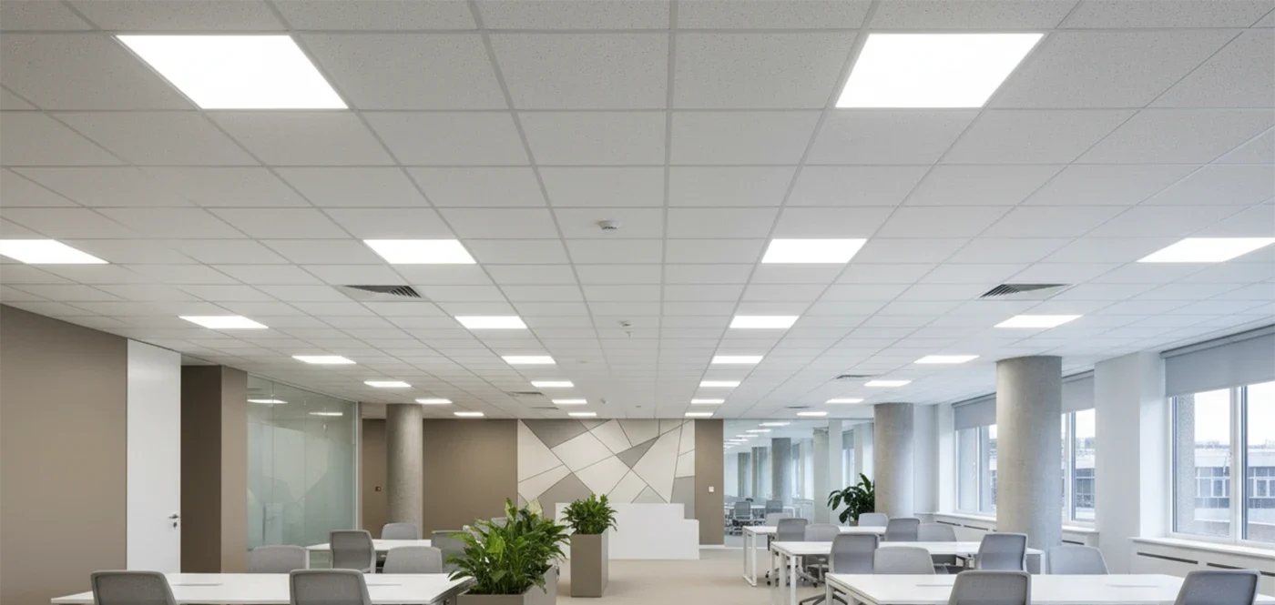 installating drop ceiling tiles in modern office interior by Express Drywall Services