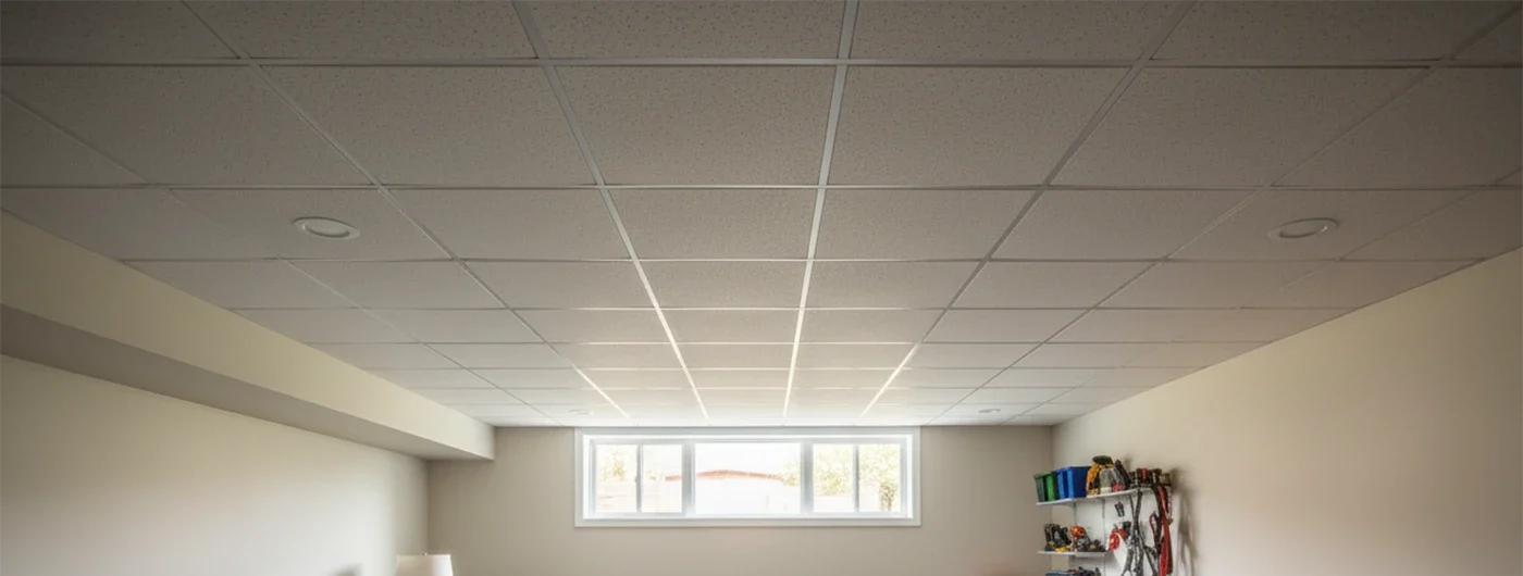 installating drop ceiling tiles in finished basement by Express Drywall Services