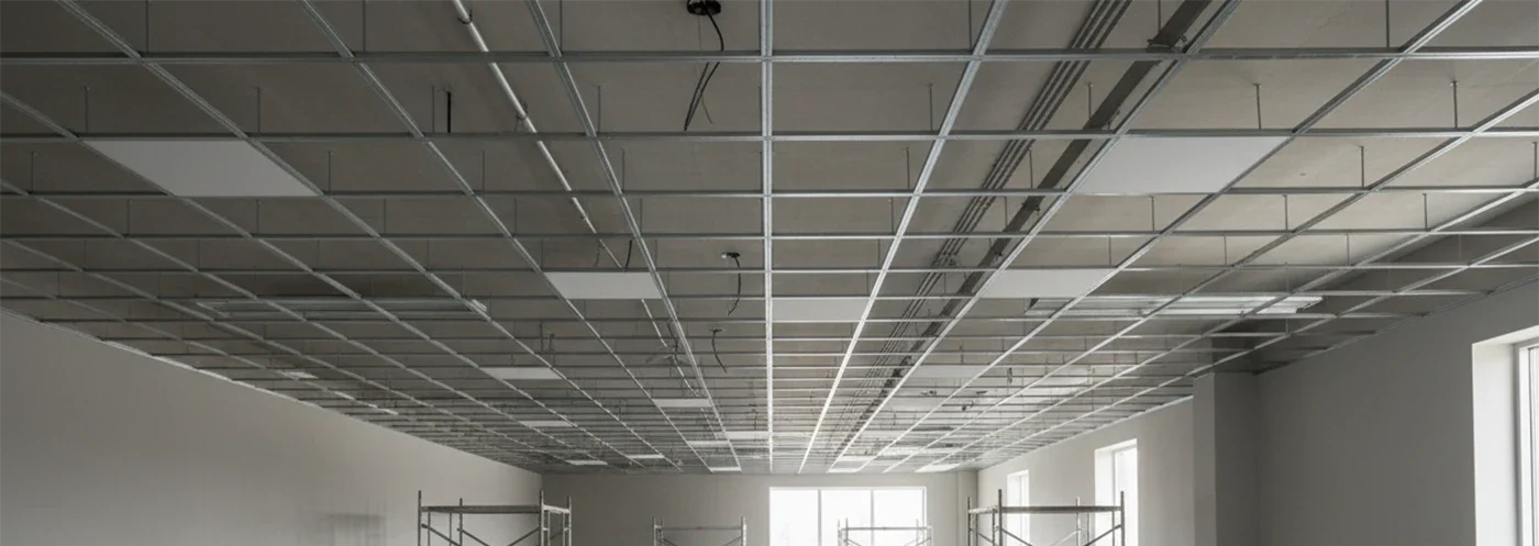 installating drop ceiling tiles in large commercial interior by Express Drywall Services