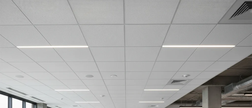 Installing drop ceiling tiles in modern open office by Express Drywall Services