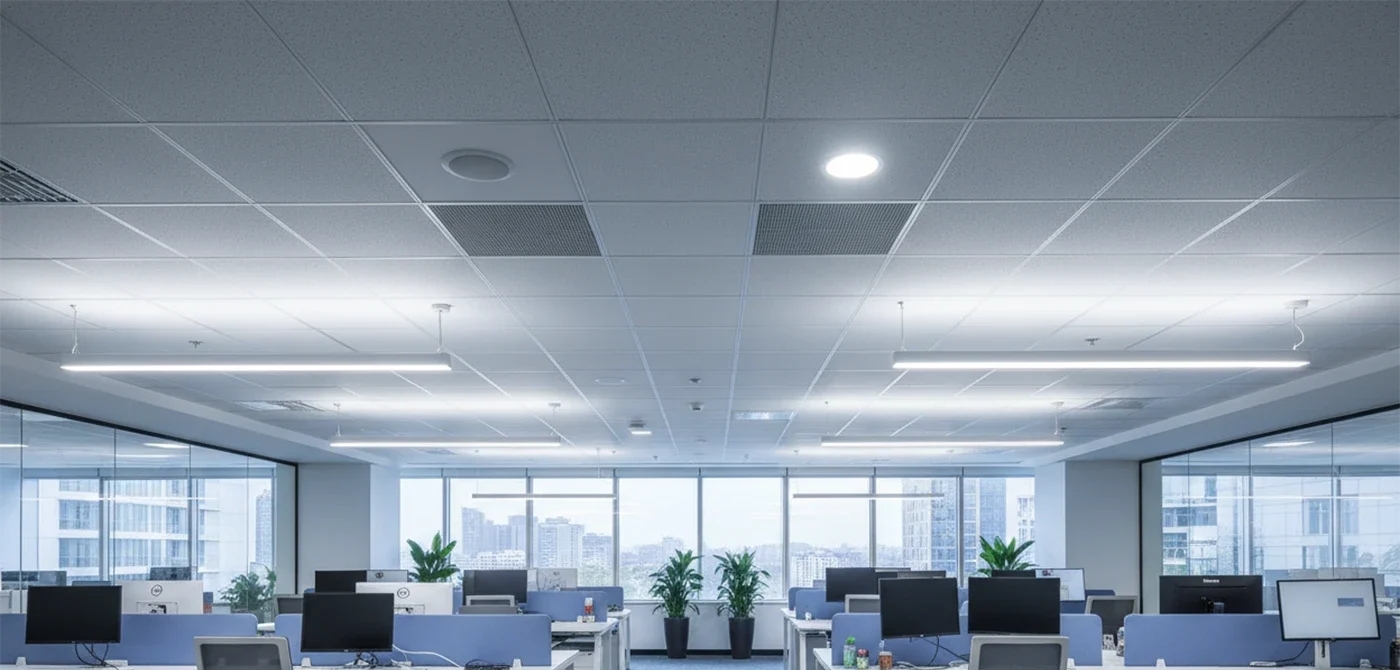 installating drop ceiling tiles with integrated lighting by Express Drywall Services