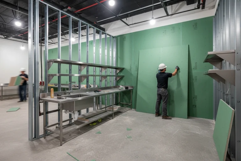 Moisture-resistant drywall is required — contractor installing green board drywall panels on steel stud framing in a commercial kitchen build by Express Drywall Services