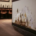 Hidden cost of mold — peeling paint and water-damaged drywall with brown mold stains at baseboard level in a commercial interior, moisture damage repair by Express Drywall Services