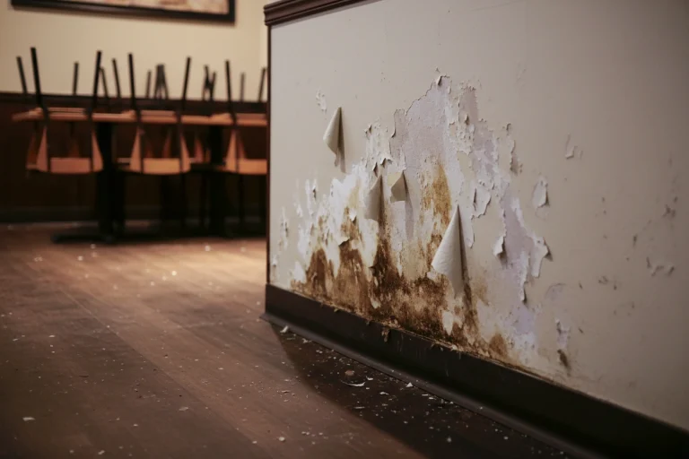 Hidden cost of mold — peeling paint and water-damaged drywall with brown mold stains at baseboard level in a commercial interior, moisture damage repair by Express Drywall Services