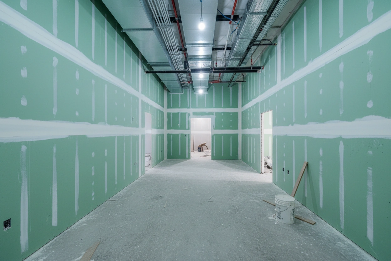 Commercial moisture-resistant drywall installation in Ajax — large-scale green board corridor with taping, exposed mechanical ceiling, and multiple doorway openings by Express Drywall Services