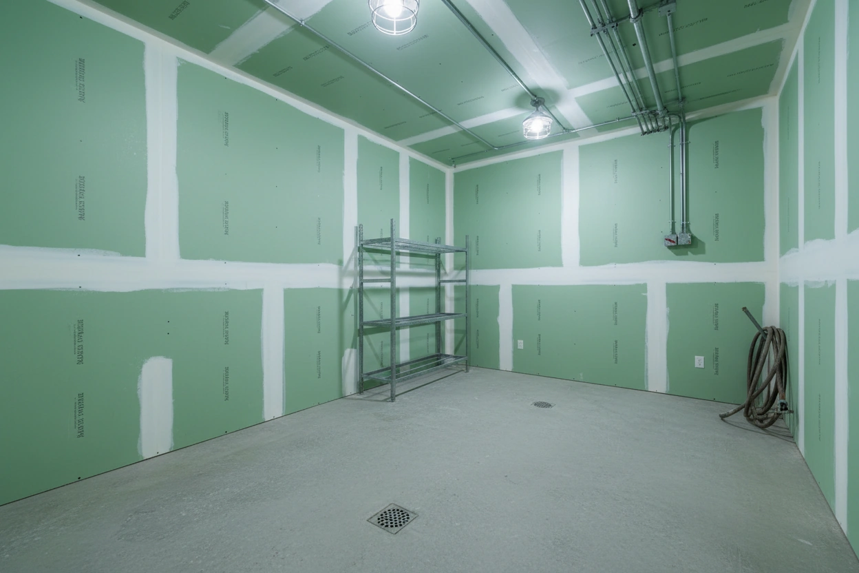 Commercial moisture resistant drywall installation in Bolton — fully enclosed green board room with taped walls and ceiling, floor drain, industrial cage lighting, conduit runs, and metal shelving unit by Express Drywall Services