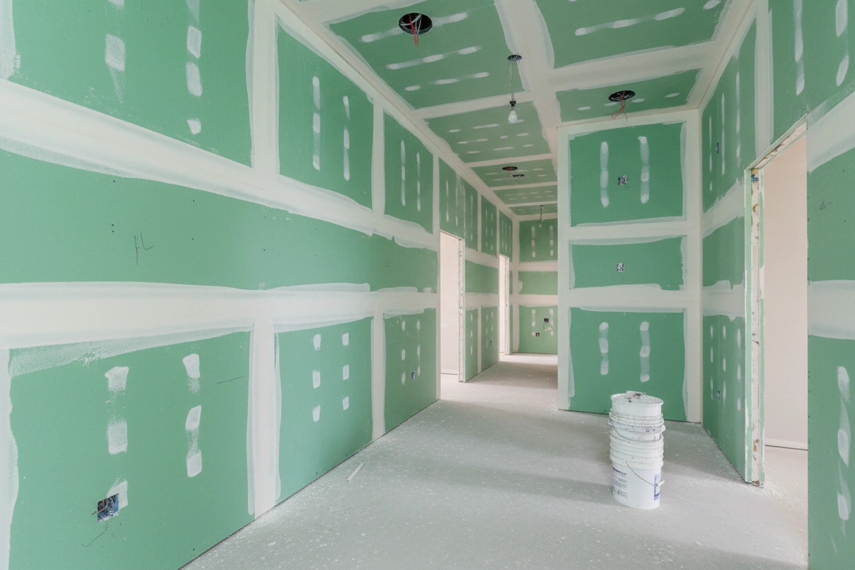 Commercial moisture resistant drywall installation in Bradford West Gwillimbury — long green board corridor with taped walls and ceiling, recessed lighting rough-ins, and multiple framed doorway openings by Express Drywall Services