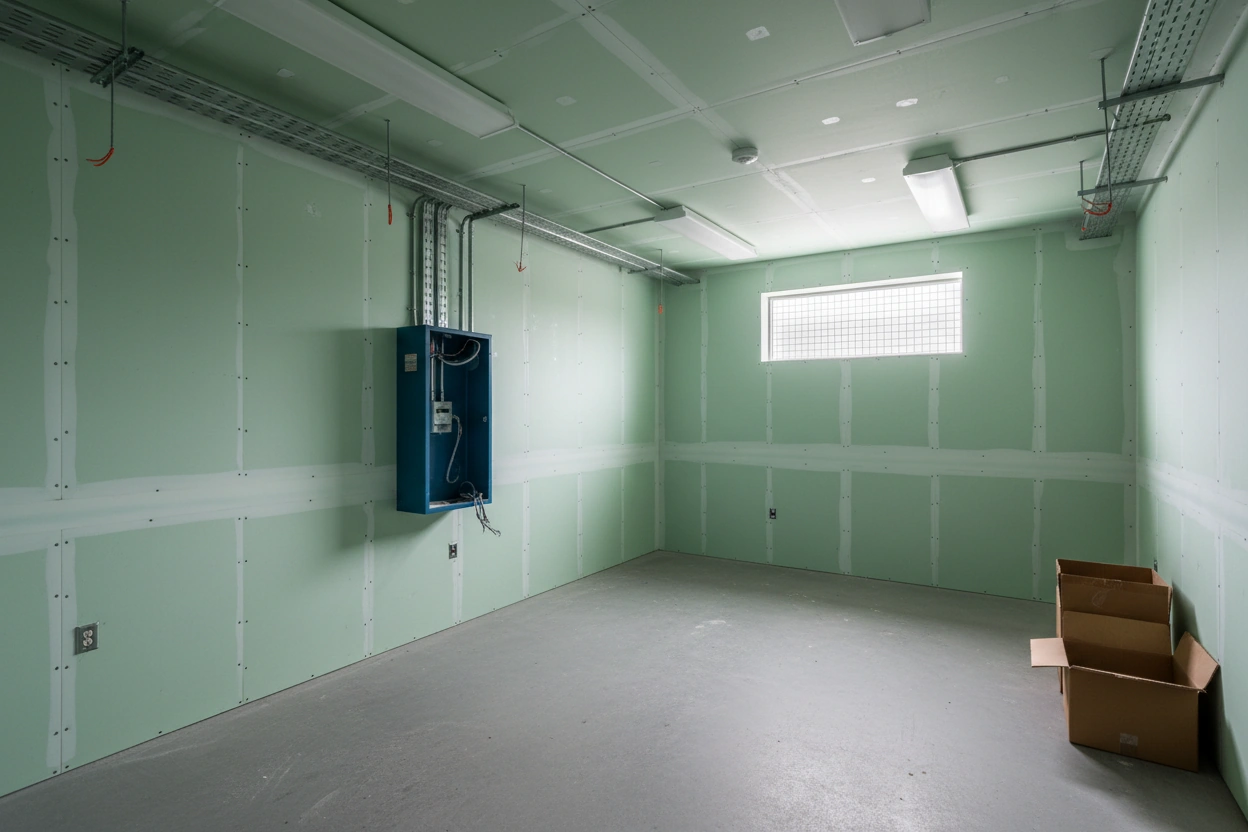 Commercial moisture resistant drywall installation in Caledon — green board walls with taping and mudding in progress, exposed concrete ceiling, rough-in electrical wiring, and two framed doorway openings by Express Drywall Services