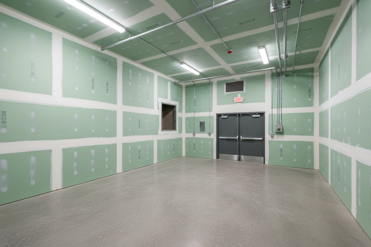 Commercial moisture-resistant drywall installation in Caledon — fully green-boarded room with taped walls and ceiling, commercial double doors, exit signage, and fluorescent lighting by Express Drywall Services