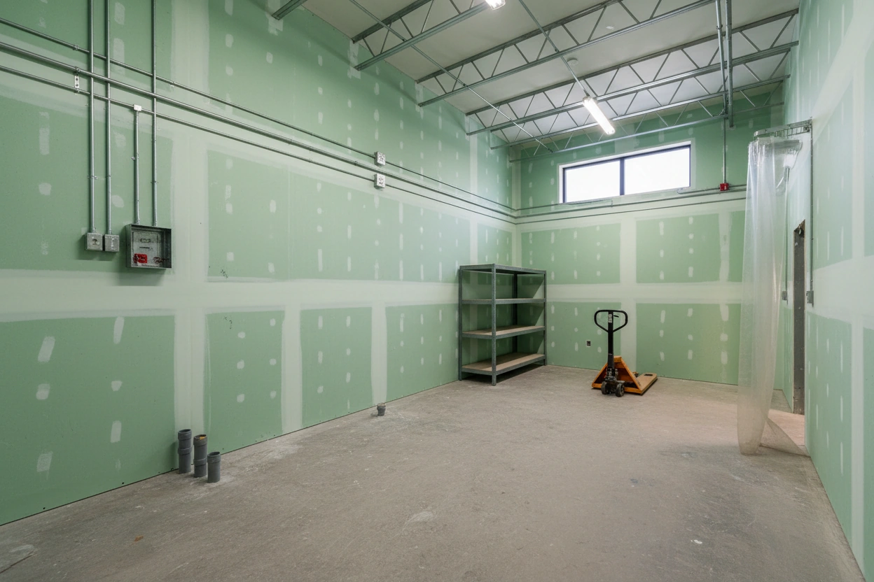Commercial moisture-resistant drywall installation in Georgina — green board walls with taping, exposed steel roof truss, electrical conduit and panel rough-in, plumbing stubs, metal shelving, pallet jack, and framed doorway by Express Drywall Services