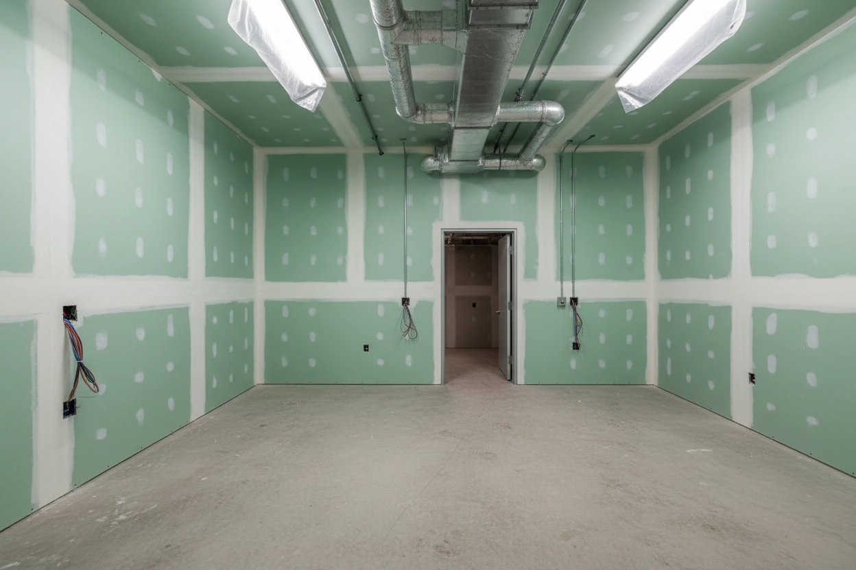 Commercial moisture resistant drywall installation in Halton Hills — green board walls and ceiling with taping, exposed HVAC ductwork, rough-in electrical, and framed doorway opening by Express Drywall Services