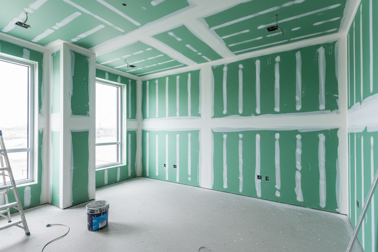Commercial moisture resistant drywall installation in Midland — green board walls and coffered ceiling with taping, large windows with waterfront view, recessed lighting rough-ins, and ladder on site by Express Drywall Services