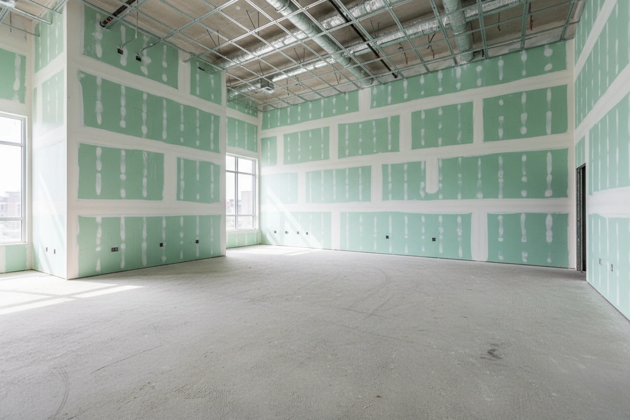 Commercial moisture resistant drywall installation in Muskoka — spacious green board room with taped walls, exposed T-bar ceiling grid, HVAC ductwork, large windows, and commercial door opening by Express Drywall Services