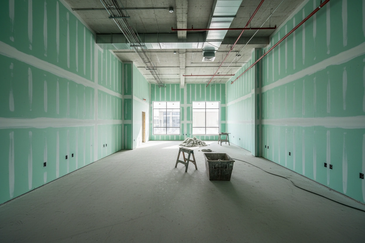 Commercial moisture resistant drywall installation in Nobleton — wide green board room with taped walls, exposed concrete ceiling, fire suppression piping, large windows, and taping tools on site by Express Drywall Services