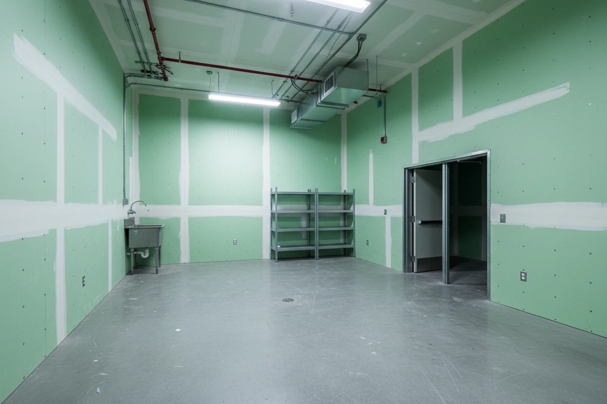 Commercial moisture resistant drywall installation in Orillia — fully finished green board room with taped walls and ceiling, stainless steel utility sink, metal shelving, commercial door, floor drain, and HVAC unit by Express Drywall Services