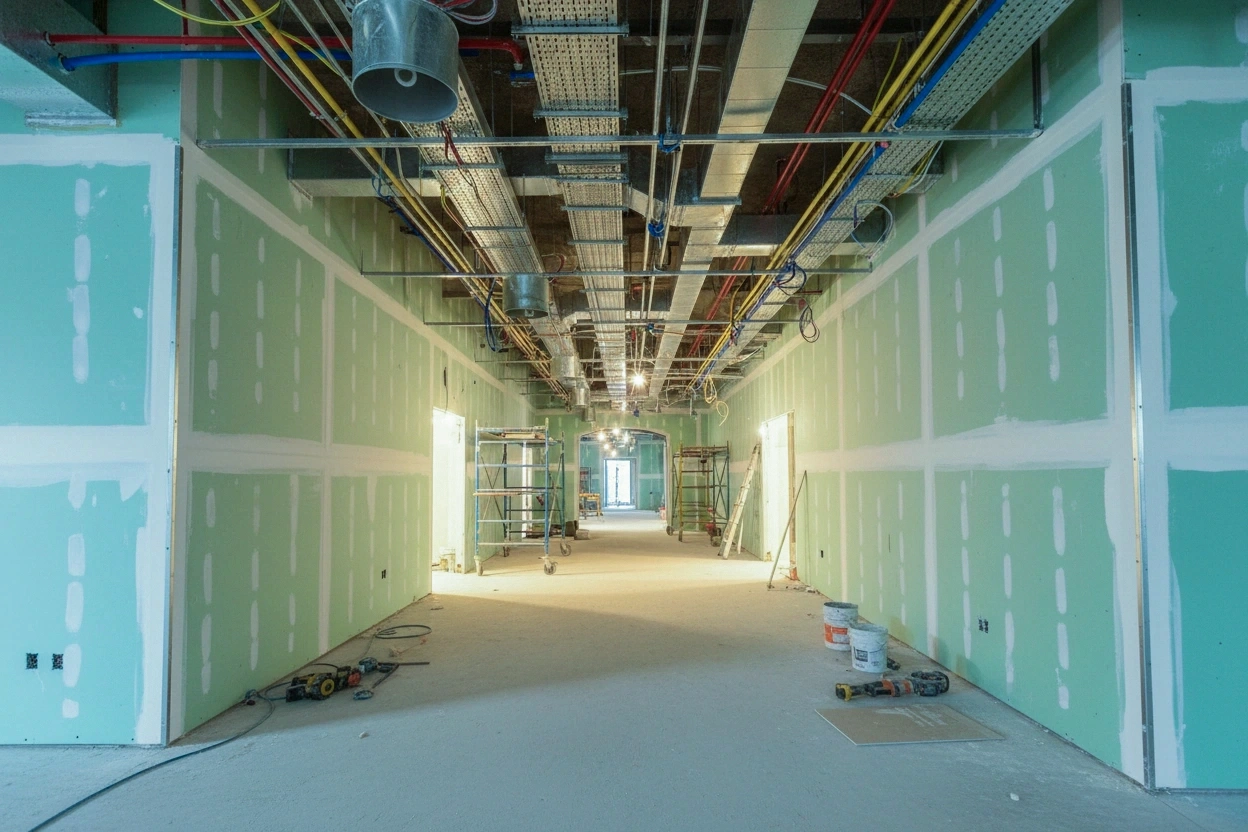 Large-scale commercial moisture resistant drywall installation in Oshawa — long green board corridor with taping, dense overhead MEP systems, scaffolding, and arched opening at far end by Express Drywall Services