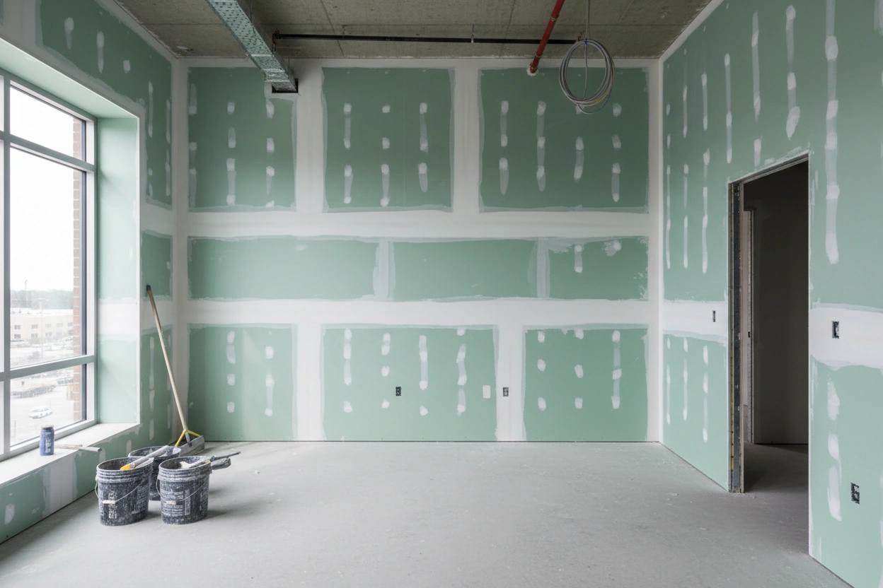 Commercial moisture resistant drywall installation in Pickering — green board panels with taping and mudding on full-height walls, high-rise floor with city view, by Express Drywall Services