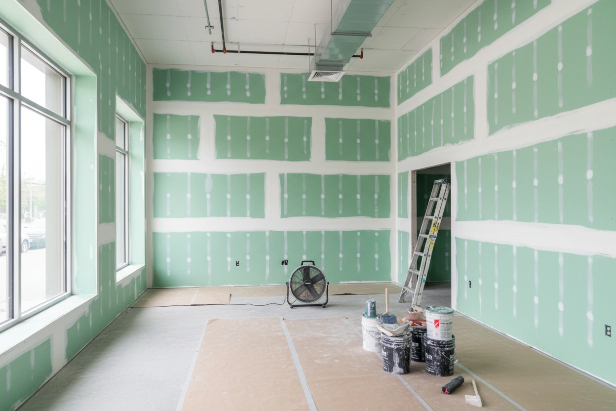 Commercial moisture resistant drywall installation in Tiny Township — green board walls with taping, floor-to-ceiling windows, HVAC ductwork, industrial fan, ladder, and mudding supplies on site by Express Drywall Services