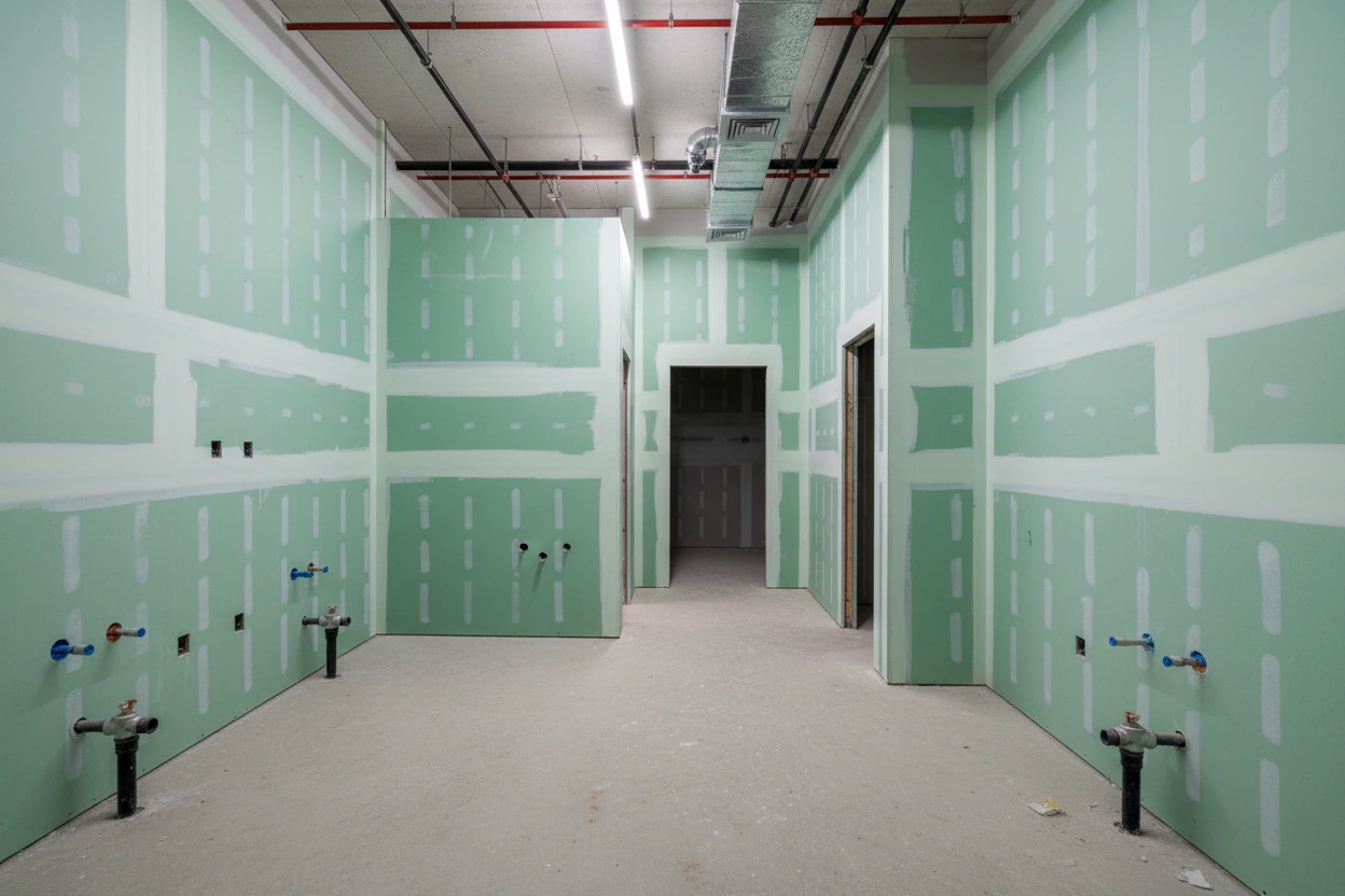 Commercial moisture resistant drywall installation in Whitby — green board walls with taping, exposed plumbing rough-ins, HVAC ductwork, and framed doorway openings by Express Drywall Services