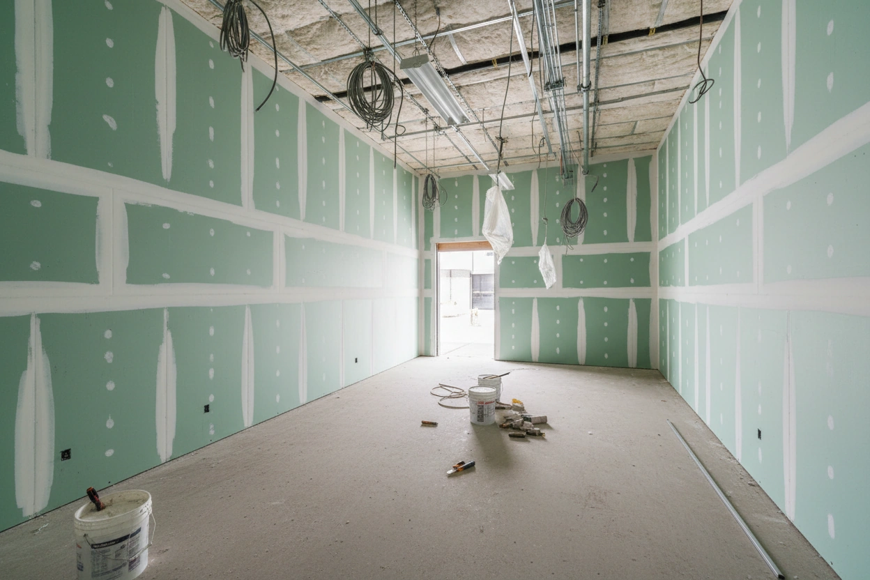 Commercial moisture resistant drywall installation in Whitchurch-Stouffville — green board walls with taping, exposed concrete ceiling with rough-in electrical wiring, open exterior doorway, by Express Drywall Services