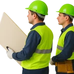Two construction workers in safety gear carrying drywall panel — drywall repair tips every homeowner should know by Drywall Express Services.
