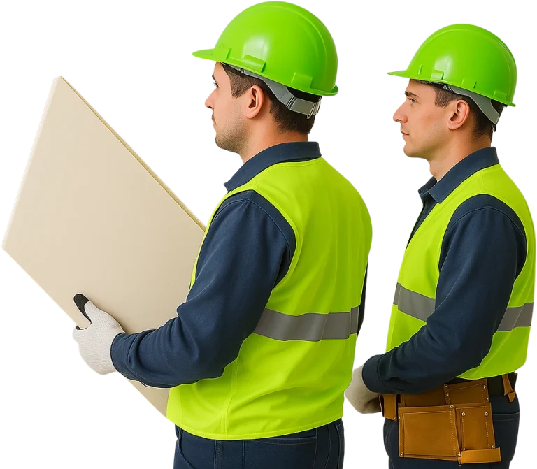 Two construction workers in safety gear carrying drywall panel — drywall repair tips every homeowner should know by Drywall Express Services.