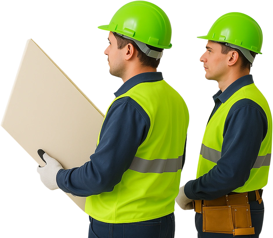 Two construction workers in safety gear carrying drywall panel — drywall repair tips every homeowner should know by Drywall Express Services.