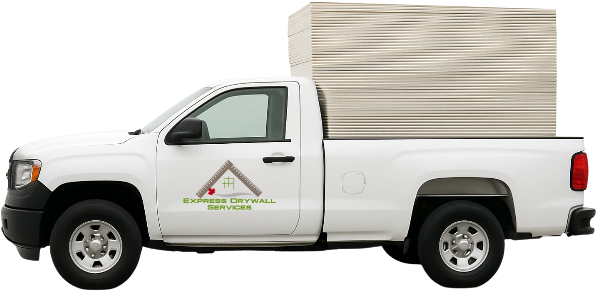 Express Drywall Services truck loaded with drywall sheets for commercial project delivery.